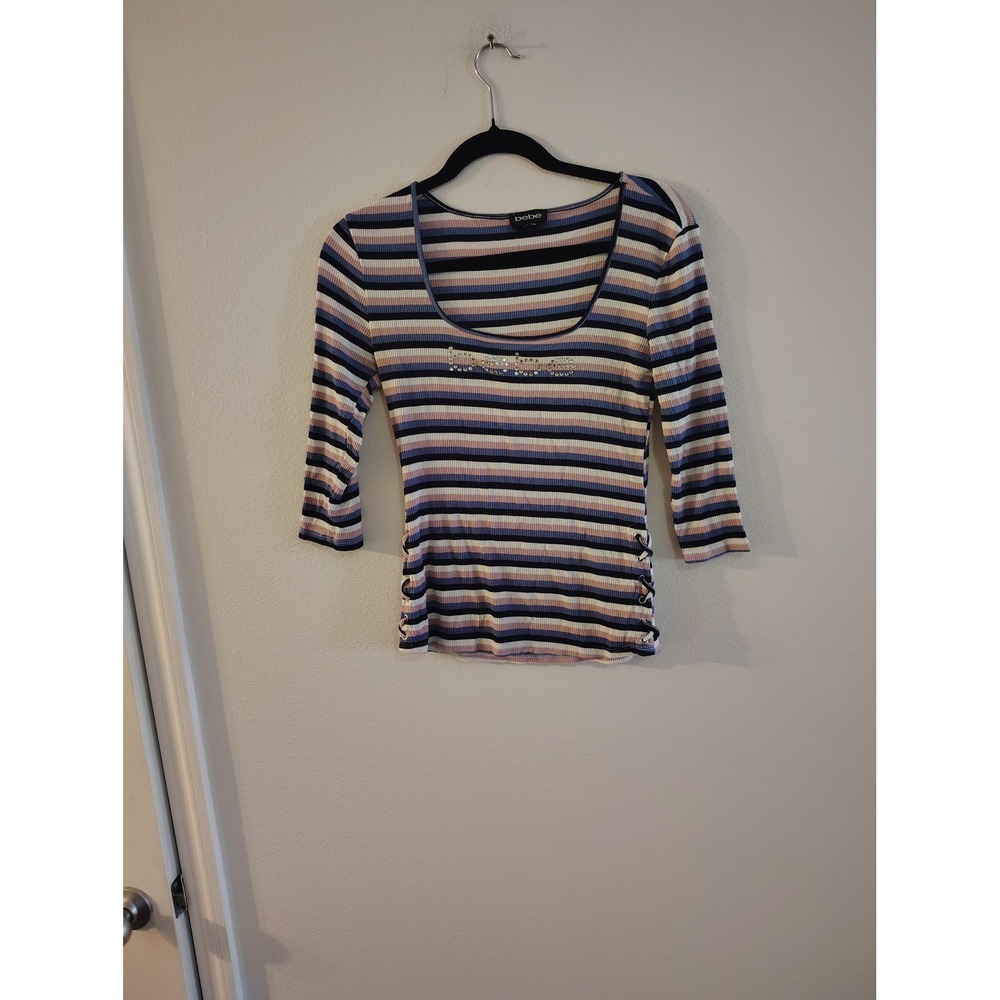 Bebe Striped Rib Knit Rhinestone Logo Lace Up Side 3/4 Sleeve Y2K Blue Pink S
